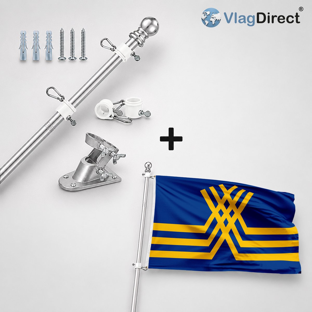 VlagDirect - Compleet vlaggenpakket - Zilveren vlaggenstok inclusief vlaggenstokhouder + Stekense vlag - Gemeente Stekene vlag - 90 x 150 cm.