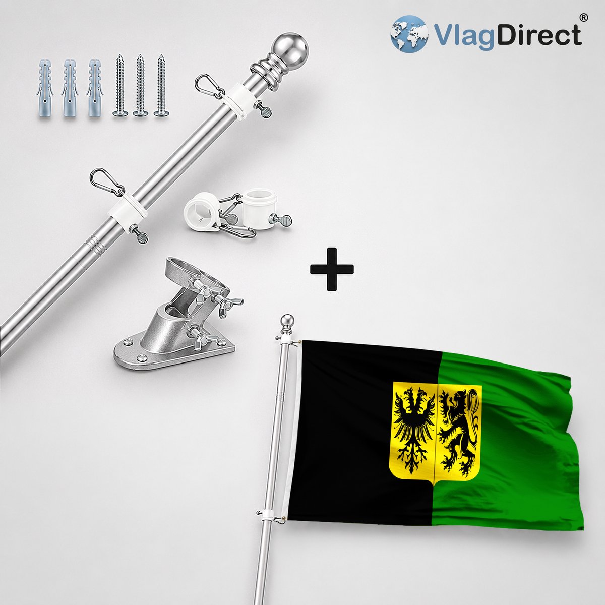 VlagDirect - Compleet vlaggenpakket - Zilveren vlaggenstok inclusief vlaggenstokhouder + Ninoofse vlag - Gemeente Ninove vlag - 90 x 150 cm.