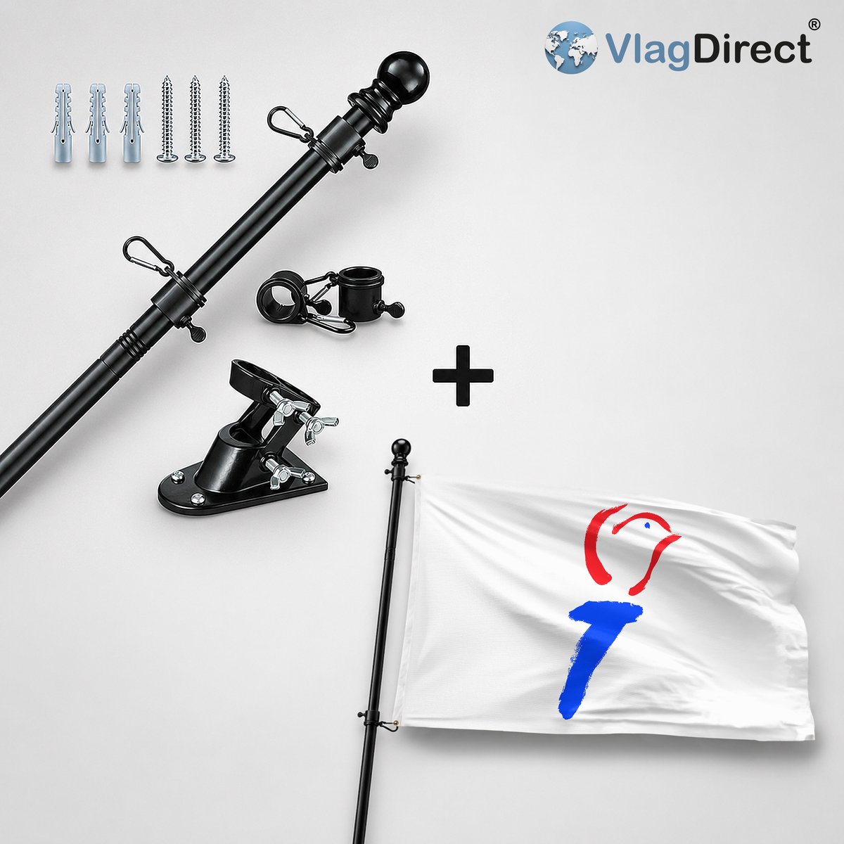 VlagDirect - Compleet vlaggenpakket - Zwarte vlaggenstok inclusief vlaggenstokhouder + Vrijheid vlag - Bevrijdingsdag vlag - Vrijheidsvlag - 90 x 150 cm.