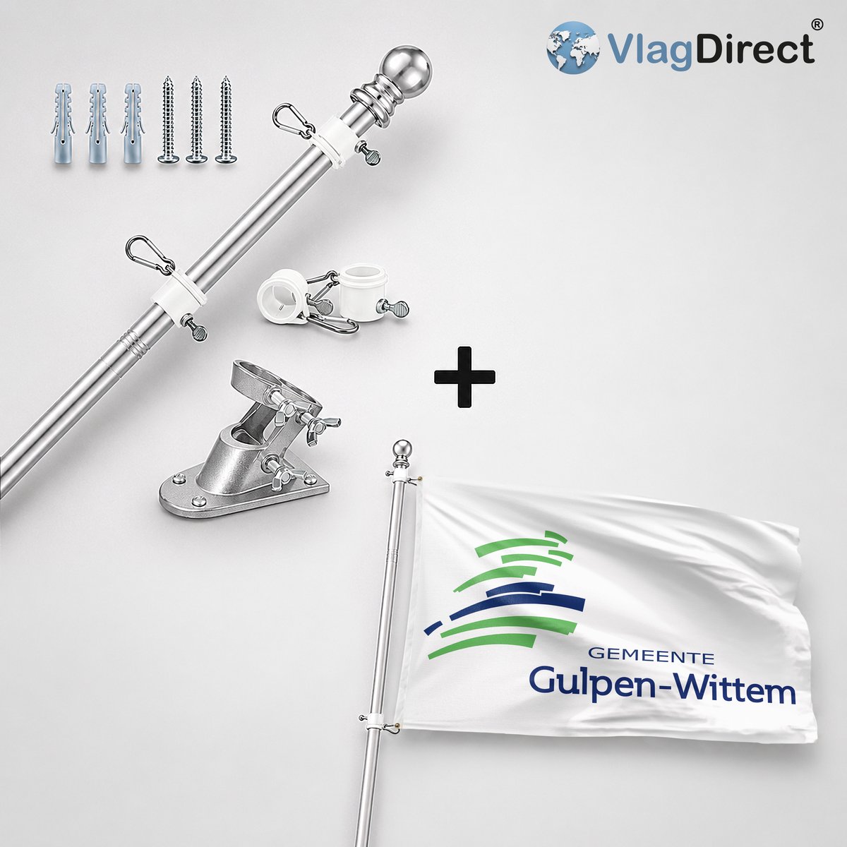 VlagDirect - Compleet vlaggenpakket - Zilveren vlaggenstok inclusief vlaggenstokhouder + Gulpen-Wittem vlag - Gemeente Gulpen-Wittem vlag - 90 x 150 cm.