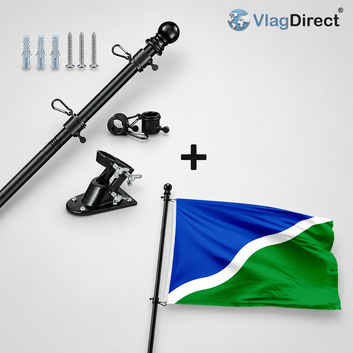 VlagDirect - Compleet vlaggenpakket - Zwarte vlaggenstok inclusief vlaggenstokhouder + Gemeente Lasne vlag - 90 x 150 cm.