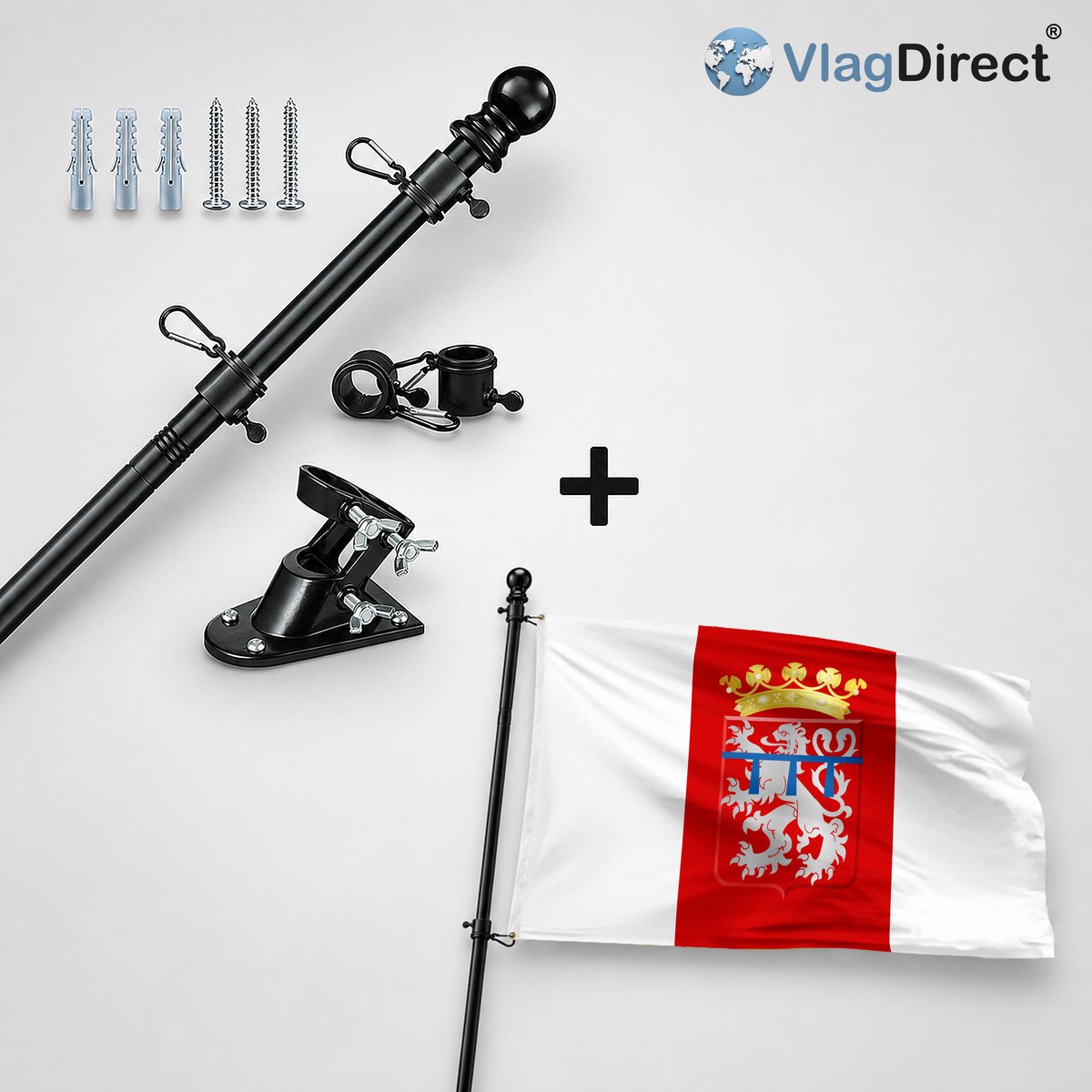 VlagDirect - Compleet vlaggenpakket - Zwarte vlaggenstok inclusief vlaggenstokhouder + Gemeente La Roche-en-Ardenne vlag - 90 x 150 cm.