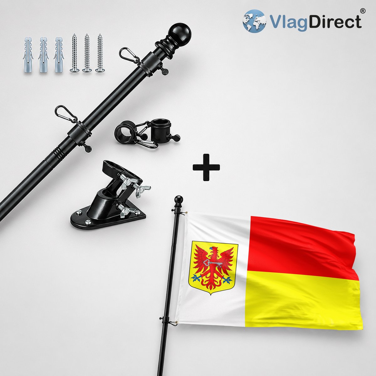 VlagDirect - Compleet vlaggenpakket - Zwarte vlaggenstok inclusief vlaggenstokhouder + Apeldoorn vlag - Gemeente Apeldoorn vlag - 90 x 150 cm.