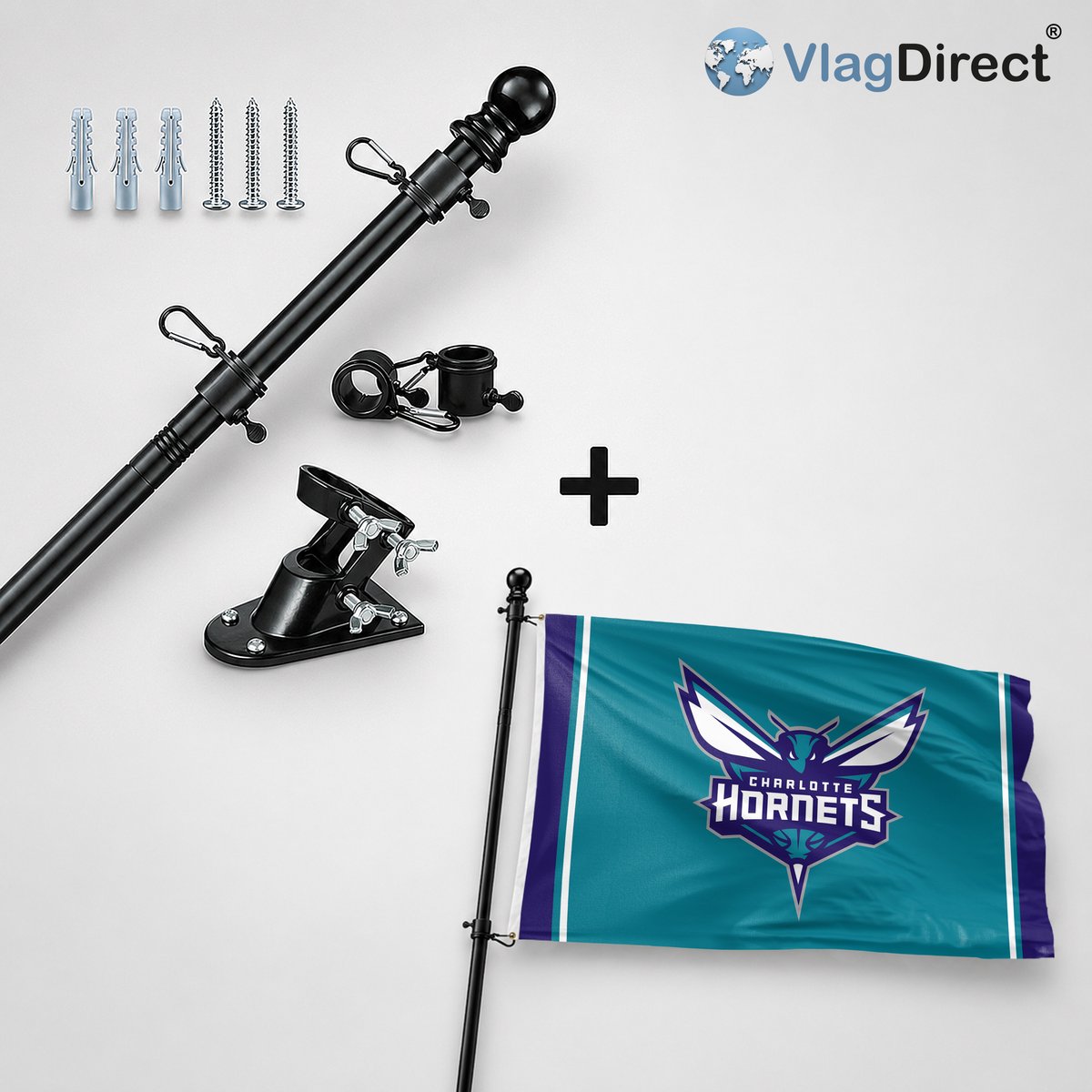 VlagDirect - Compleet vlaggenpakket - Zwarte vlaggenstok inclusief vlaggenstokhouder + Charlotte Hornets vlag - Charlotte Hornets basketbal team vlag - 90 x 150 cm.