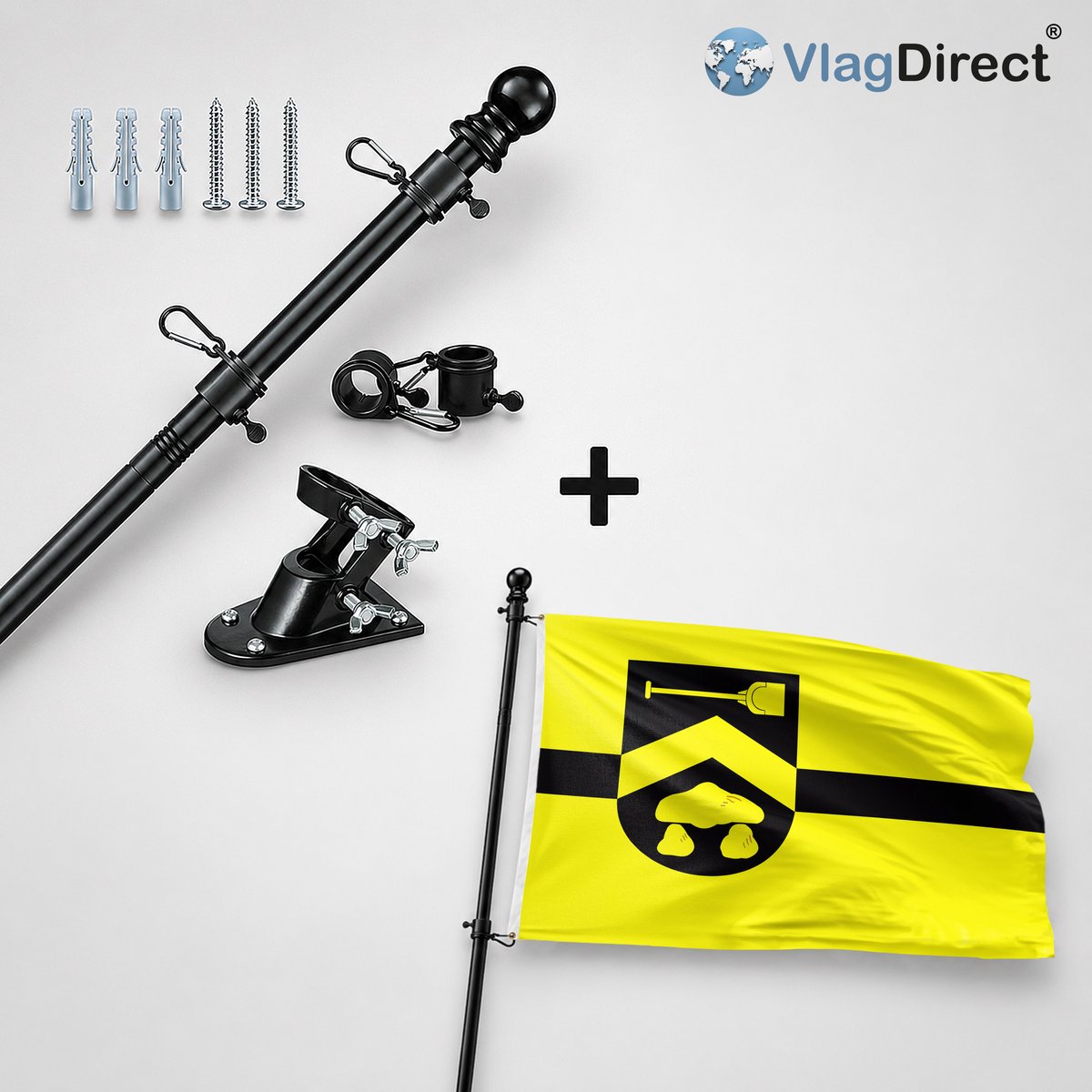 VlagDirect - Compleet vlaggenpakket - Zwarte vlaggenstok inclusief vlaggenstokhouder + Borger-Odoorn vlag - Gemeente Borger-Odoorn vlag - 90 x 150 cm.