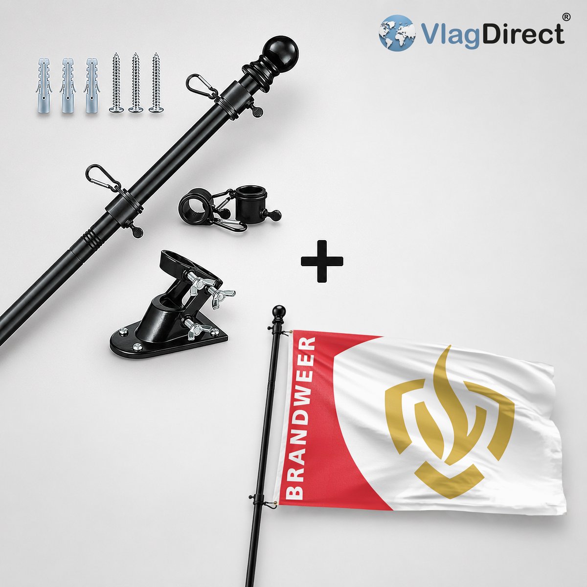 VlagDirect - Compleet vlaggenpakket - Zwarte vlaggenstok inclusief vlaggenstokhouder + Brandweer vlag - 90 x 150 cm.