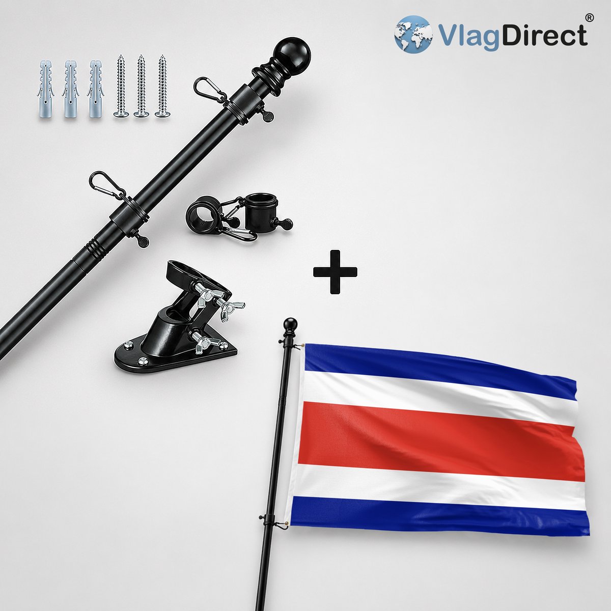 VlagDirect - Compleet vlaggenpakket - Zwarte vlaggenstok inclusief vlaggenstokhouder + Costa Ricaanse vlag - Costa Rica vlag - 90 x 150 cm.
