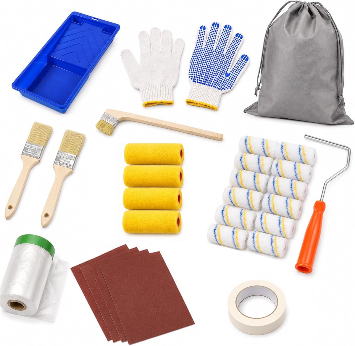 Verfrollerset, 35 stuks, van microvezel en spons, incl. schilderaccessoires zoals kwast, afdekband en draagtas, klein - ShopVlot