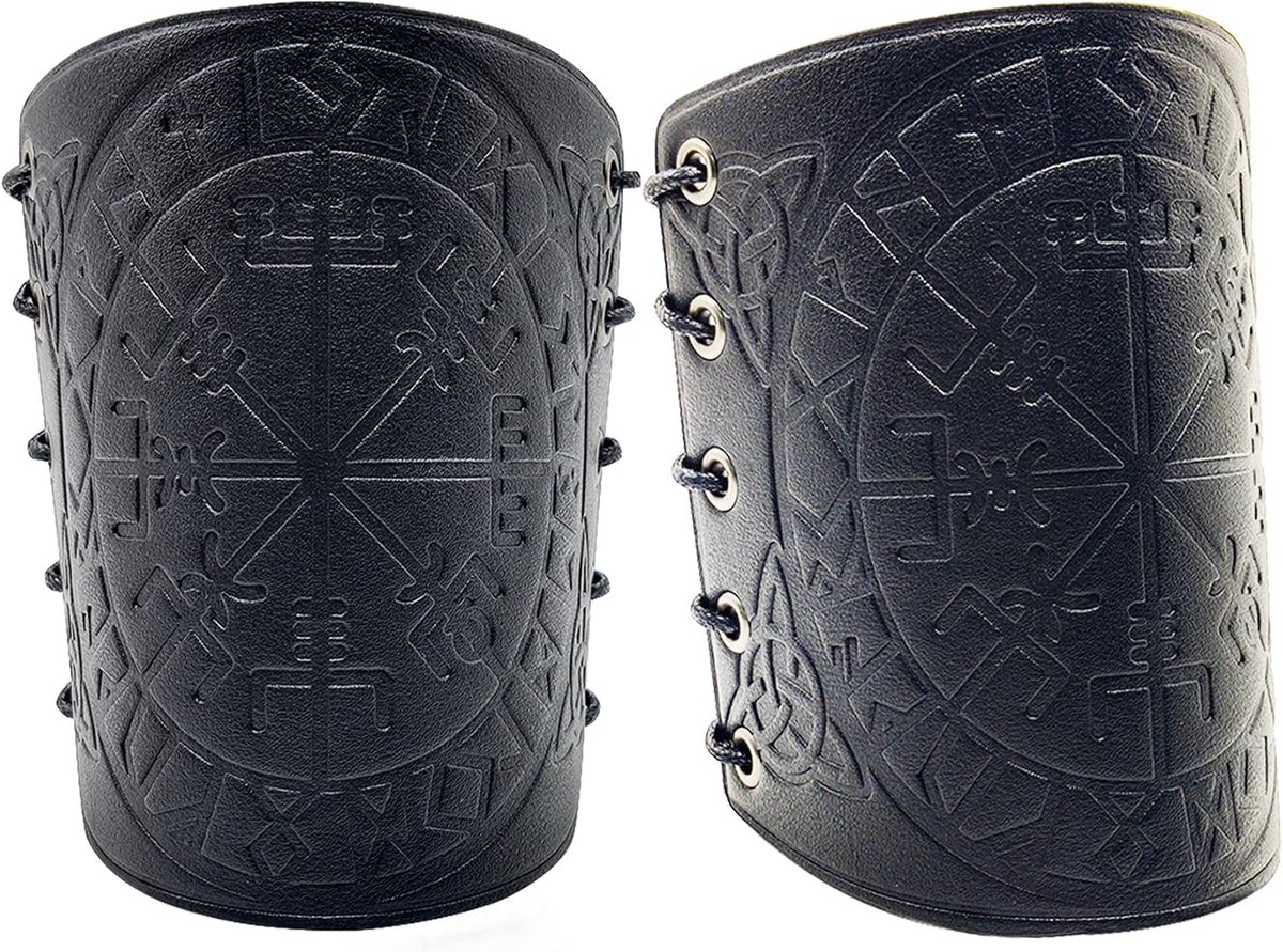 Leather Bracelets, Viking Vegvisir Embossed Arm Bracers Adjustable Armor Cuff Gauntlet Wristband Nordic Leather - ShopVlot