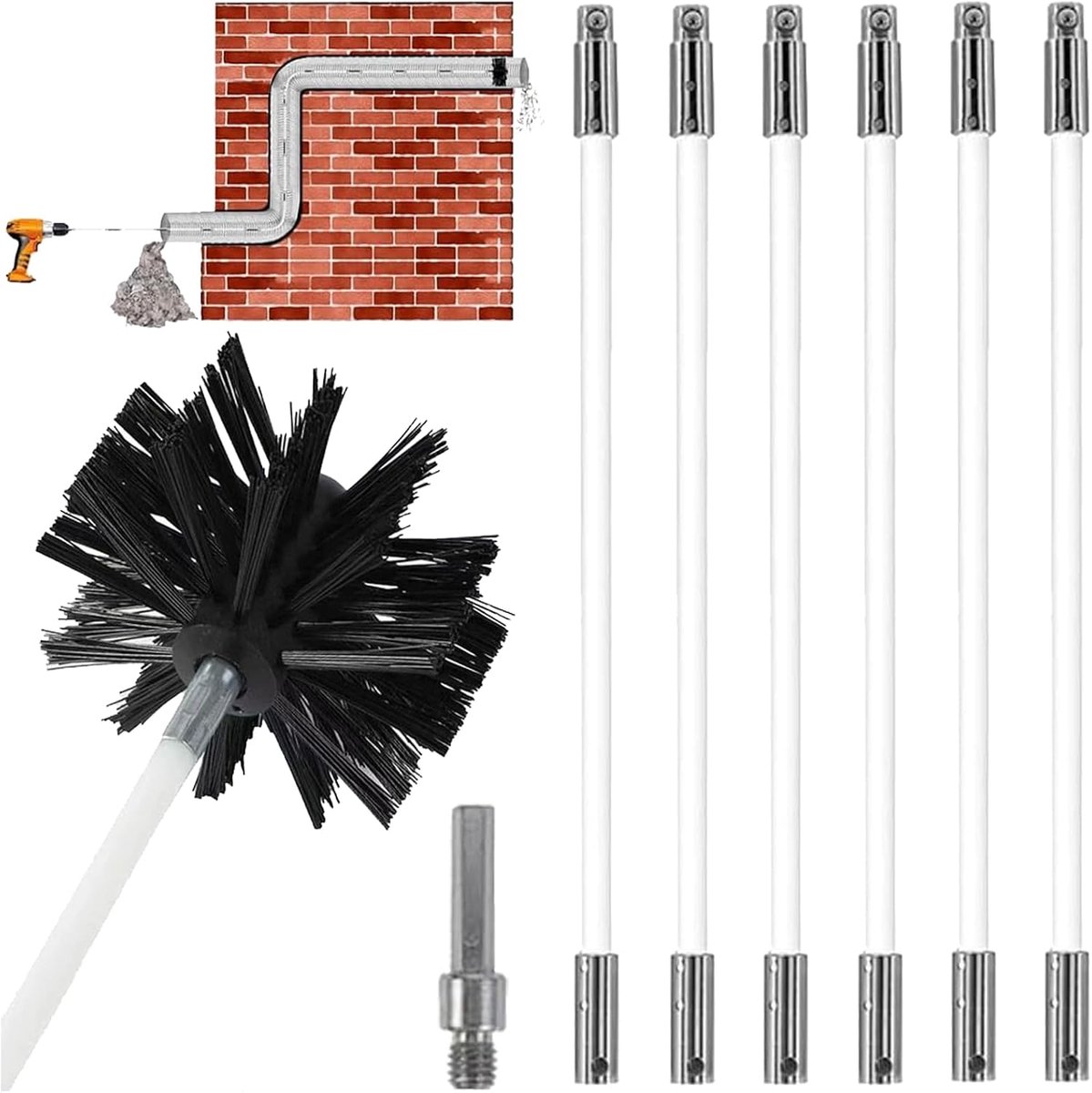 Haardborstel staafset, kachelpijpborstel, haardpijp reinigingsborstel, haardborstel met 6 flexibele stangen, 410 mm, 1 - ShopVlot