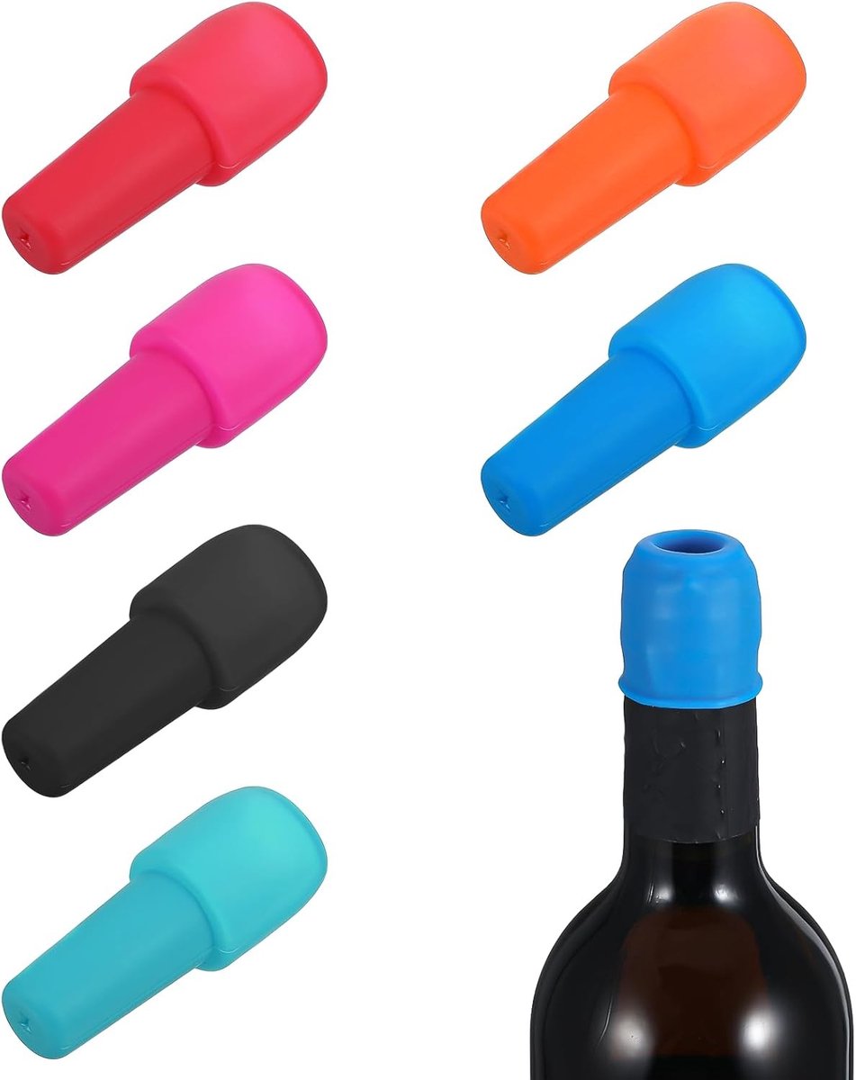 Set van 6 Kleurrijke Siliconen Champagnefles Stoppen - Herbruikbare Flesdoppen voor Flessen met 1.8 cm Opening, Ideaal voor Wijn en Drankjes