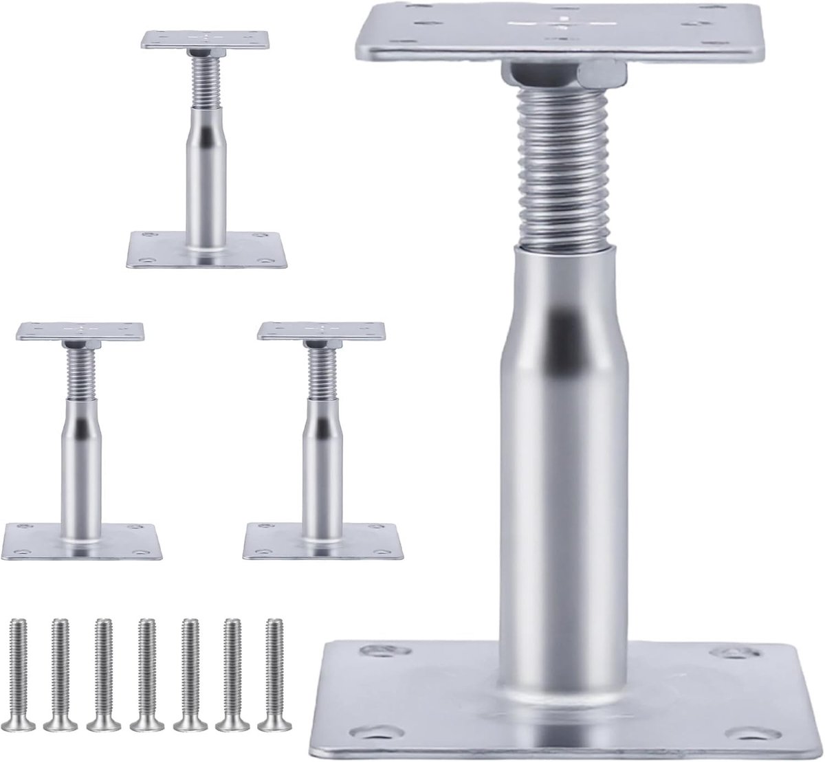 Set van 4 hoogte verstelbare paalhouders - 100 tot 150 mm hoog - Gegalvaniseerd staal - Schroefbare basis voor schuttingen, schuren en pergola's