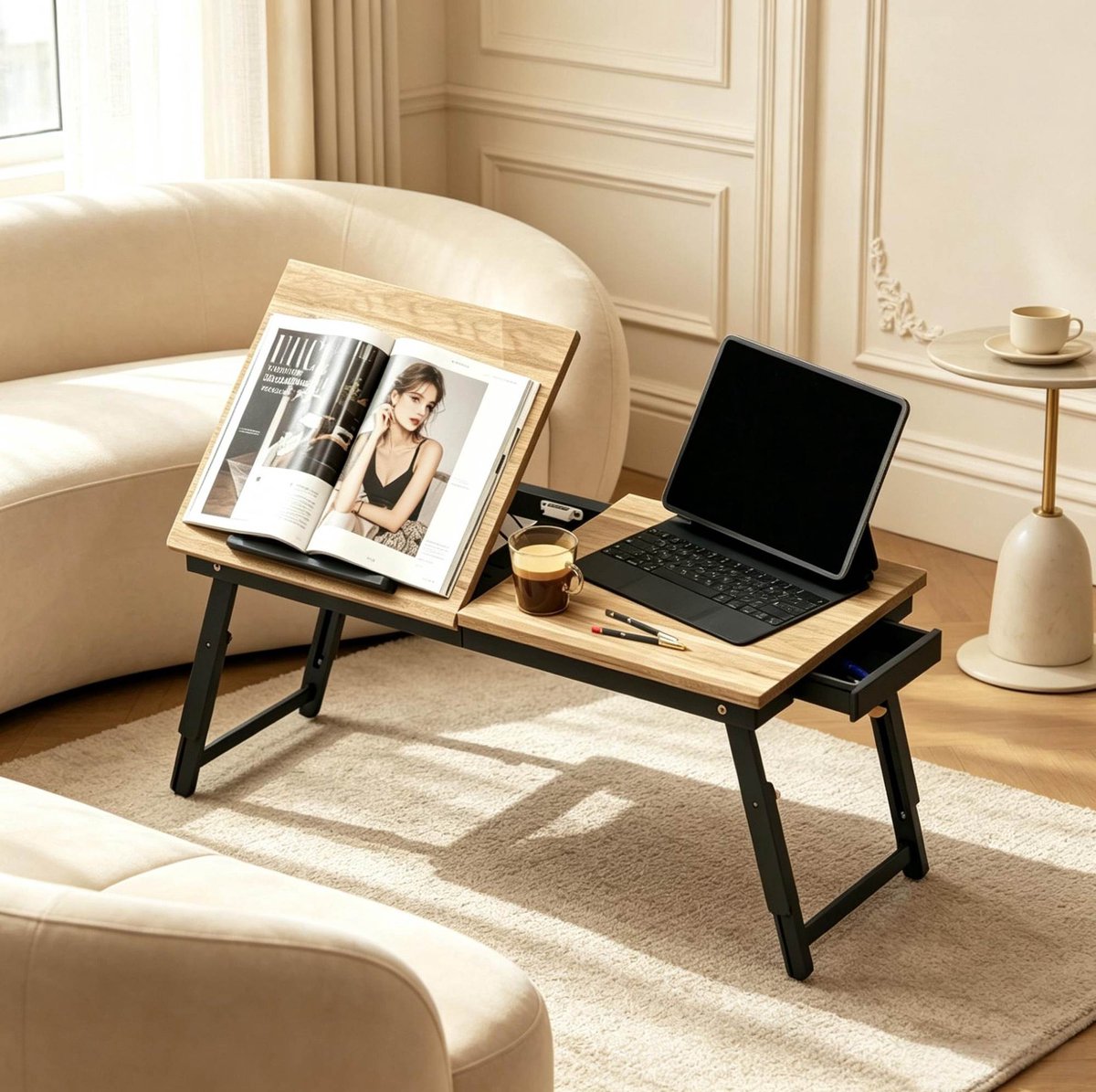OKWISH Laptoptafel Bedtafel Verstelbaar Opklapbaar Kantelbaar Met Lade Voor Bed En Bank Hout Zwart 83,5x33x23,5-34 Cm