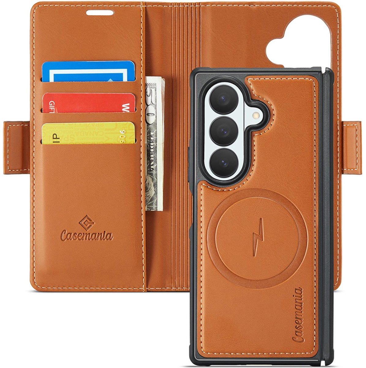 CaseMania Bookcase hoesje geschikt voor Samsung Galaxy Z Fold 8 Ultra - Effen Cognac - Kunstleer - 2-in-1 Magnetisch Uitneembaar Design - Compatible Qi2 & MagSafe