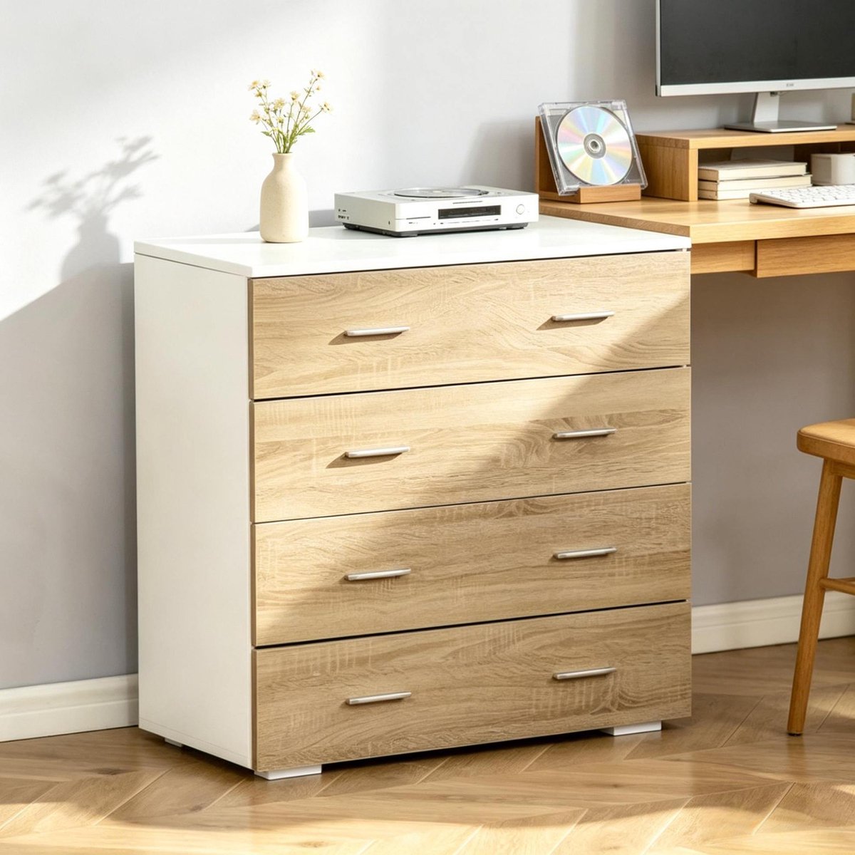 DESMIU Ladekast - Vier Lades En Compact Opbergontwerp - Voor Woonkamer, Slaapkamer, Hal En Kantoor - Spaanplaat En Metaal - Wit En Hout - 76x35x72 Cm