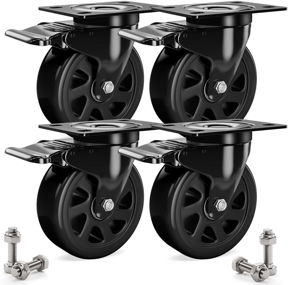 Heavy Duty Wheels 4 Pieces Asibaade 100 mm Casters Including Mounting Accessories, Transport Wheels with Brake 360° - ShopVlot