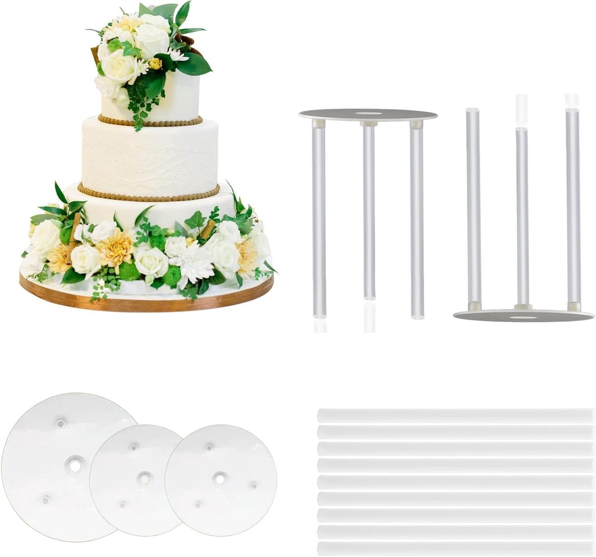 12 Pieces Cake Supports Set, Reusable Cake Coasters with 3 Cake Plates, Plastic Cake Coasters for Multilayer Cakes - ShopVlot