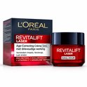 L'Oréal Paris Revitalift Laser dagcrème potje met rode en zwarte deksel, naast de rode en zwarte doos. Tekst: REVITALIFT LASER DAG/JOUR.