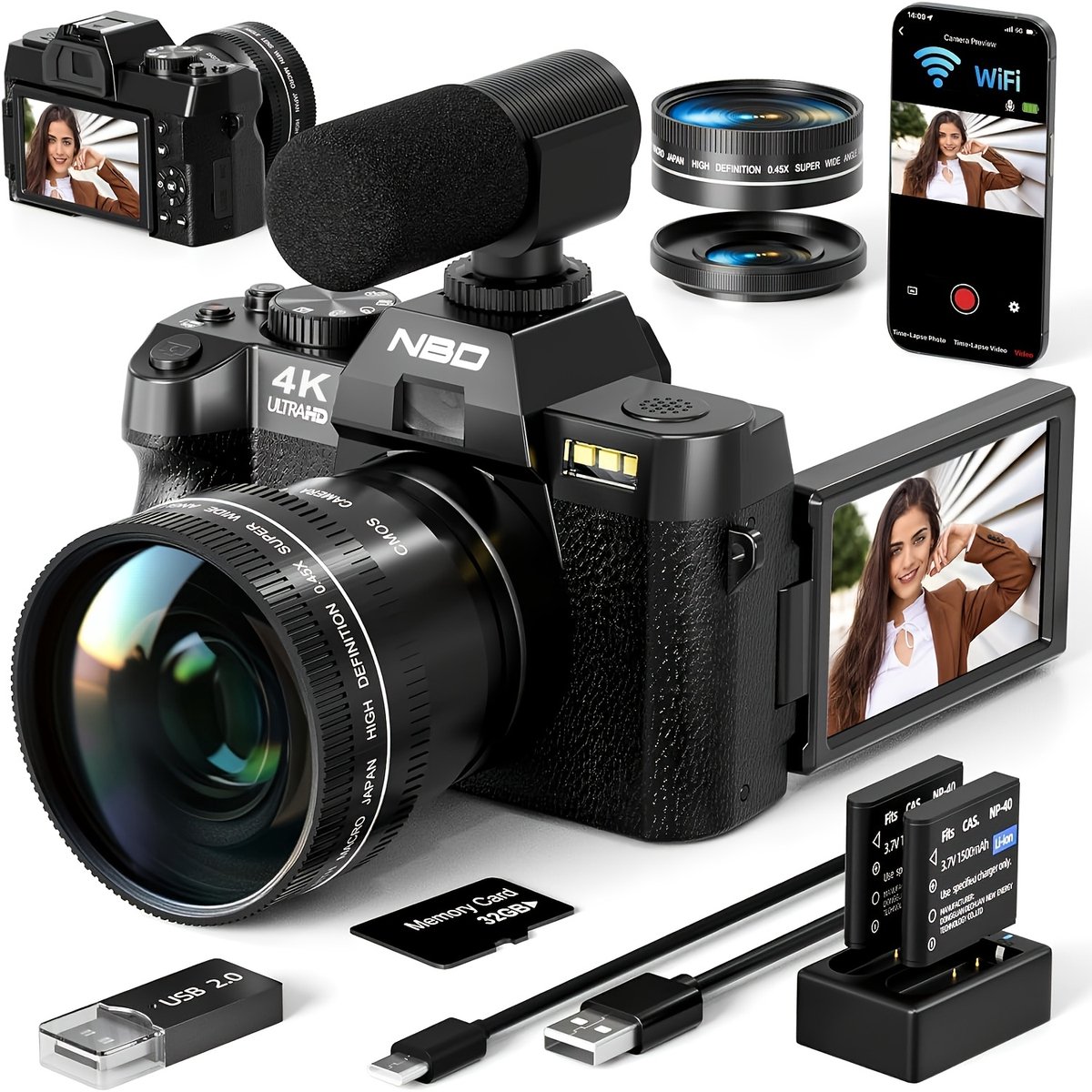 Digitale Camera 48MP – 4K Vlogcamera met WiFi, 16x Digitale Zoom, 52mm Groothoek- en Macrolens, 32GB Kaart en 2 Accu’s