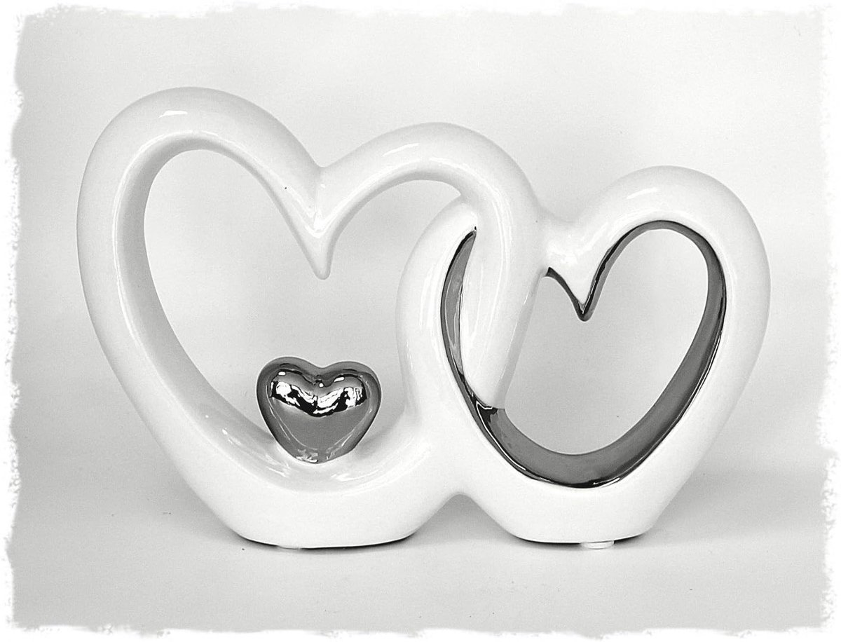 Decorative figure double heart pair, 13 x 19 cm, ceramic lacquered white silver chrome, heart heart magnet decorative - ShopVlot