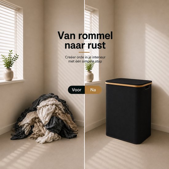 Vergelijking 'Voor' en 'Na' met een stapel kleding en een opgeruimde zwarte wasmand met bamboe accenten.
