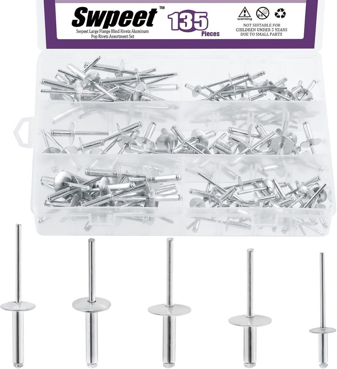 Aluminium blindnieten set 135 stuks - diverse maten - open eind type - geschikt voor binnen en buiten gebruik - ShopVlot
