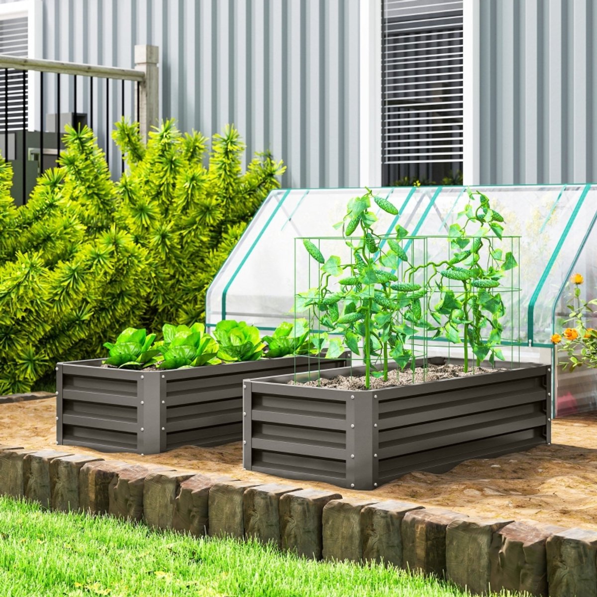 REDOM - Moestuinbak - 2-delige set - Open bodem - Poedercoating - Modern - Tuin en balkon - Staal - Donkergrijs - 110 x 50 x 30 cm