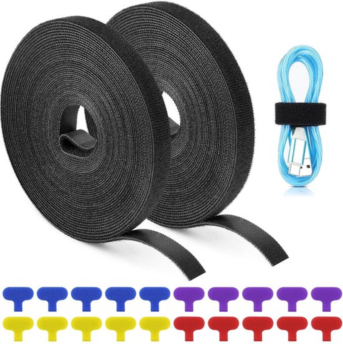 Kabelbinders 2 Rollen van 5 m - Klittenband - Hersluitbaar - 20 Kabeletiketten - 1,2 cm Breed - Duurzaam Nylon