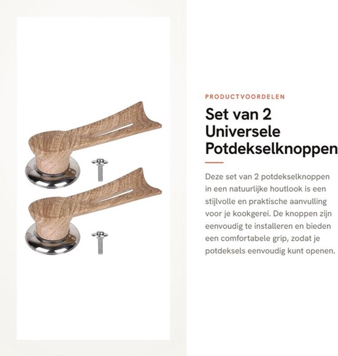 Potdekselknoppen Set van 2 - Universele Vervangingsknoppen - Hout/Metaal - Eenvoudig te Installeren - Vaatwasmachinebestendig - Diameter 6,6 cm - Dekselhandvat