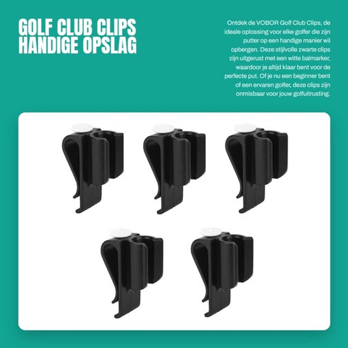 Golfputter Clip - Zwarte Clip met Witte Bal Marker - Handige Opslag - Universele Putter Houder - 5 Stuks - Stevig en Duurzaam - Golfaccessoires