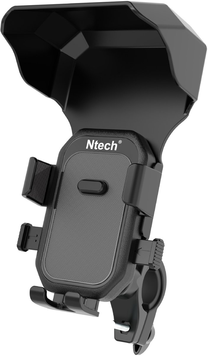 Fiets Telefoonhouder 2-in-1 – Universele GSM Houder met Zonneklep voor Fiets, E-bike, Fatbike, Motor & Scooter - Accessoires – 360° Draaibaar met Safety Lock en Anti-Schok Systeem - Ntech