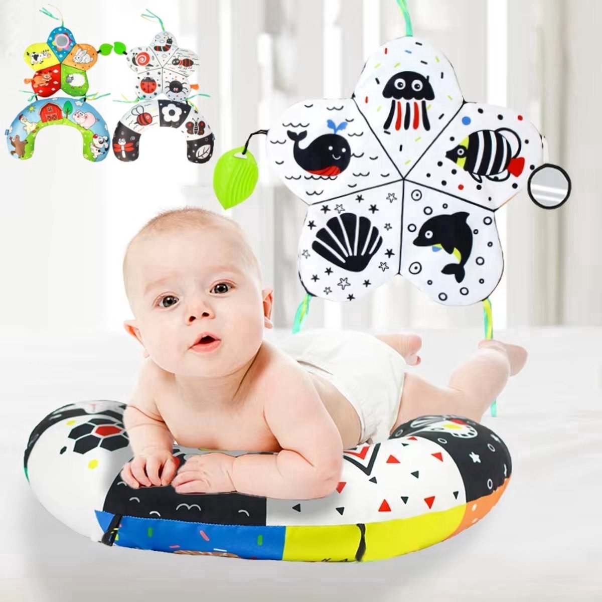 Casalora – Baby Tummy Time Kussen met Speelgoed – Boerderij Thema – Zwart Wit Hoog Contrast – Montessori Babyspeelgoed – Sensorisch Speelgoed voor Pasgeborenen – 0-6 Maanden / 6-12 Maanden / 12-18 Maanden