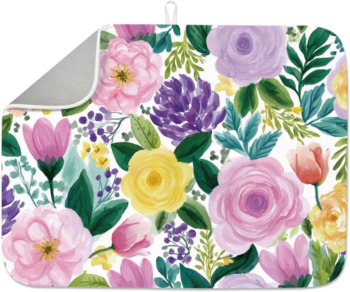 Droogmat voor Afwas - Absorberende Microfiber - Bloemen Design - Houdt Aanrecht Netjes - ShopVlot