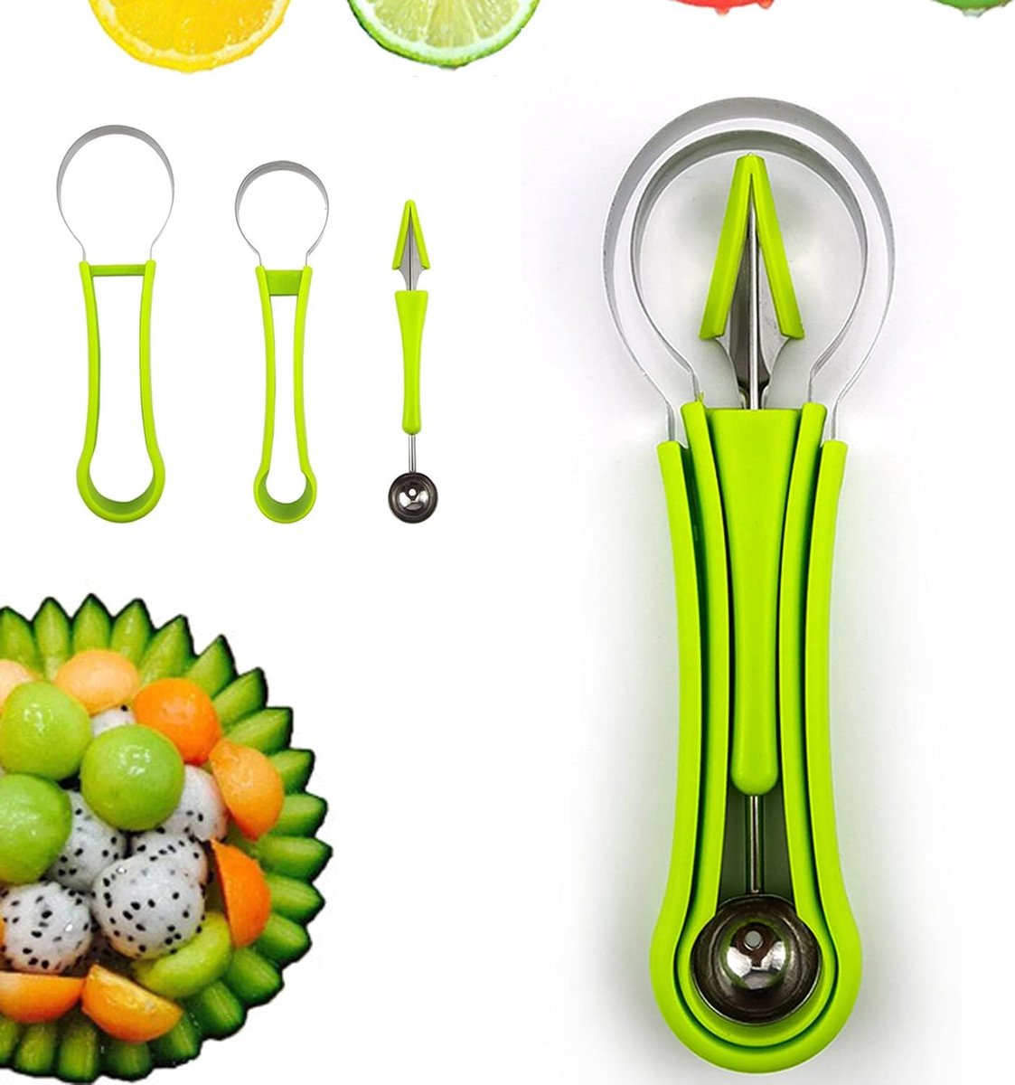 4 in 1 Fruit Tool Set Fruit Carving, Fruit Scoop Watermelon Ball Cutter Food Cantaloupe Peeler, Used for Fruit - ShopVlot