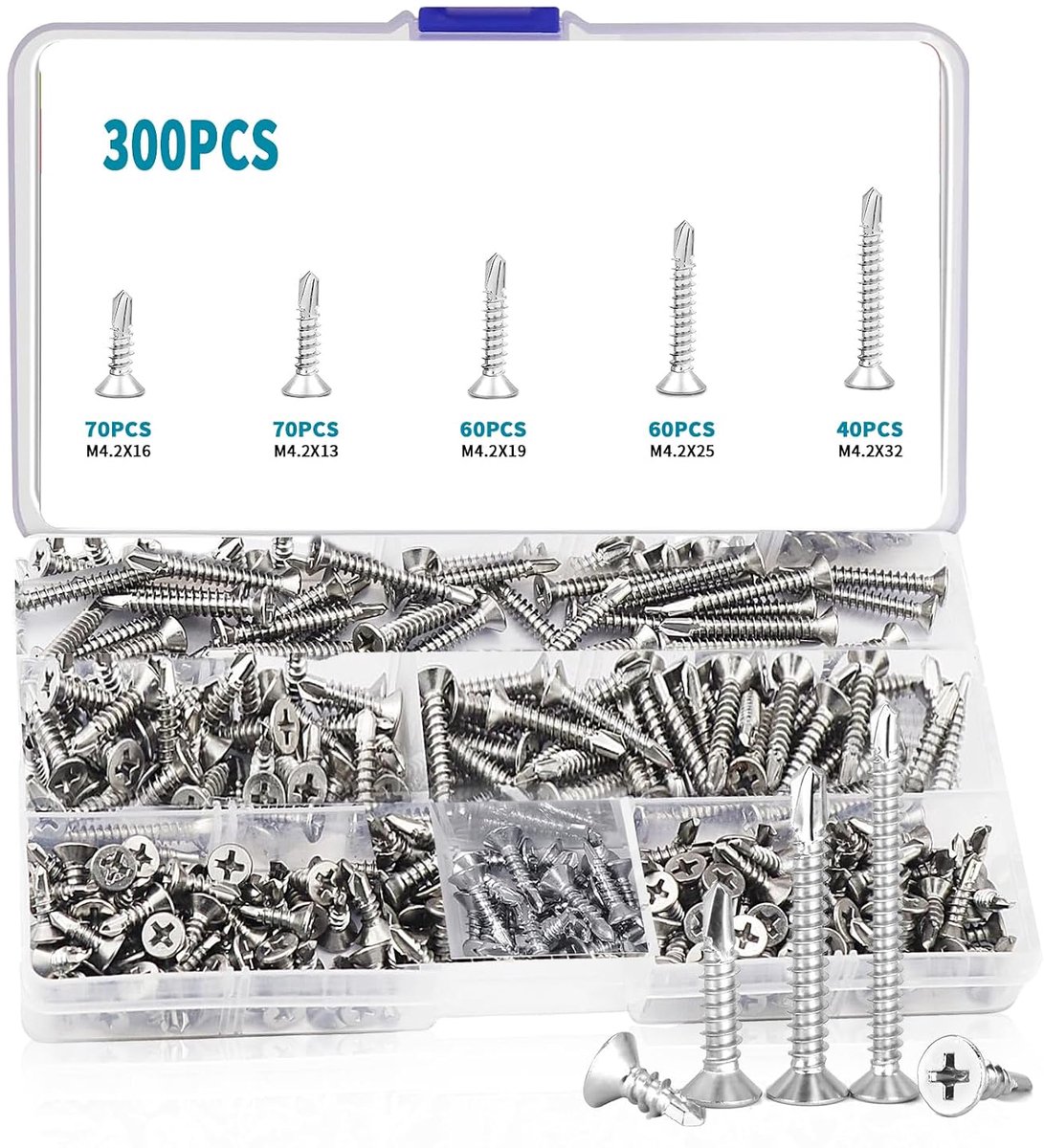 300 Pcs Self Tapping Screws M4.2 Cross Head Countersunk Head Drill Screws Stainless Steel Self Tapping Set - ShopVlot