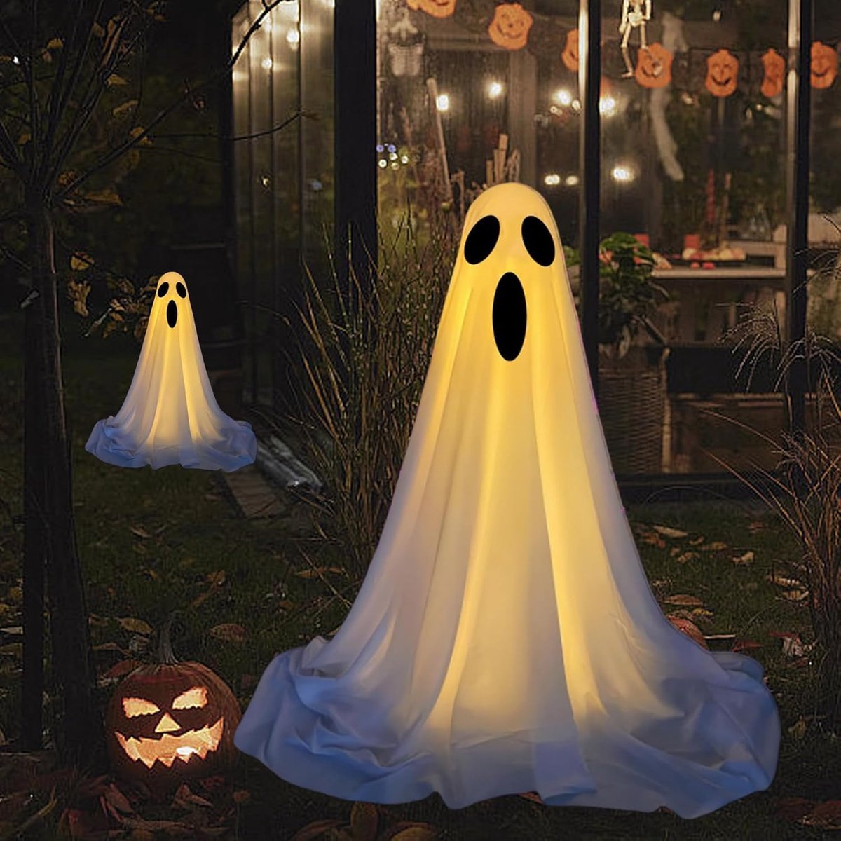 Halloween geest 165cm - staande decoratie met verlichting - verlicht witte geest - perfecte Halloween sfeer - ShopVlot