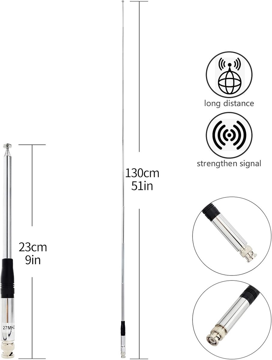 CB radio antenne telescopisch 130 cm - BNC aansluiting - hoge gain - geschikt voor handheld radio's - ShopVlot