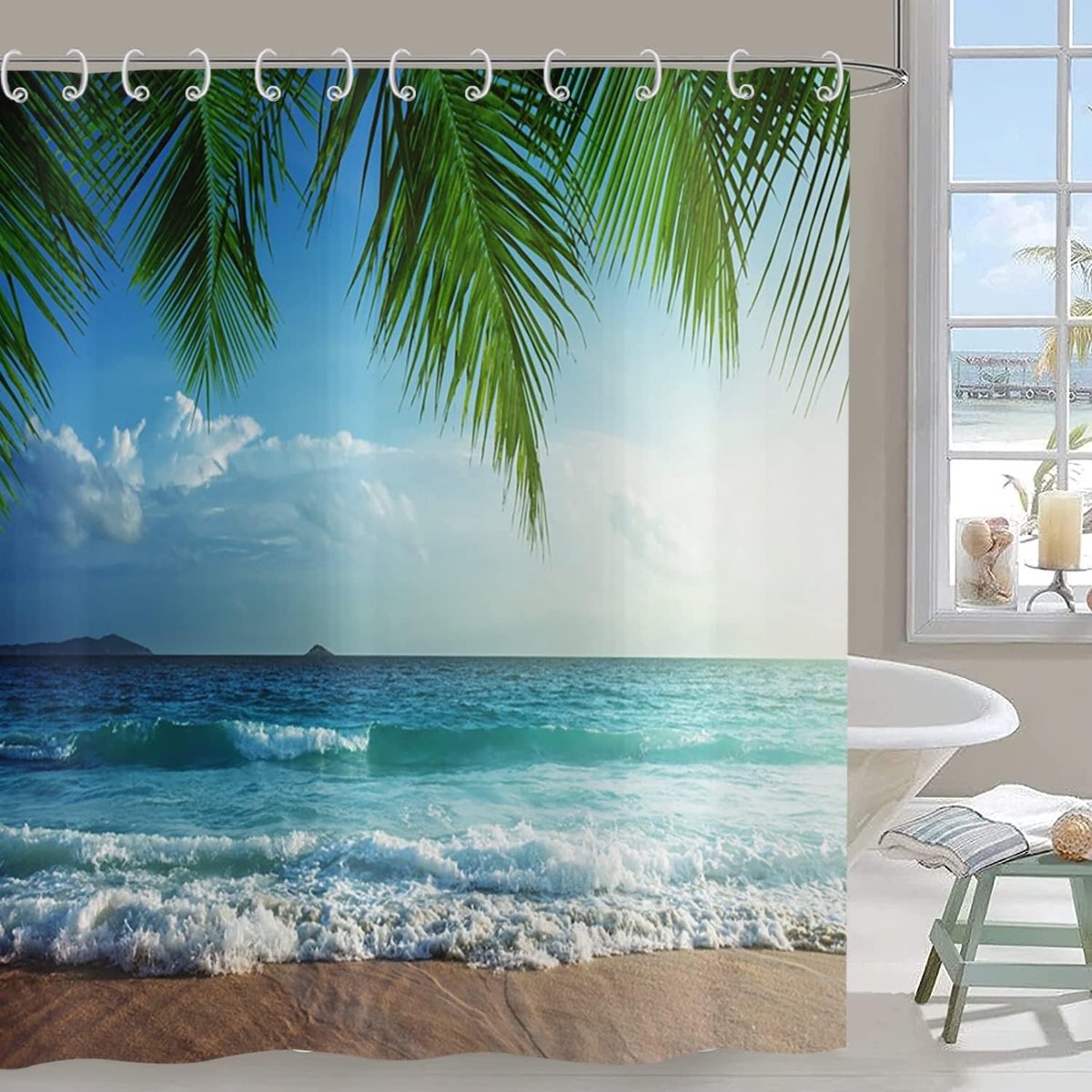 Douchegordijn 180 x 200 - Oceaanstrand Design - Waterdicht Polyester - Creëer een tropische sfeer in je badkamer - ShopVlot