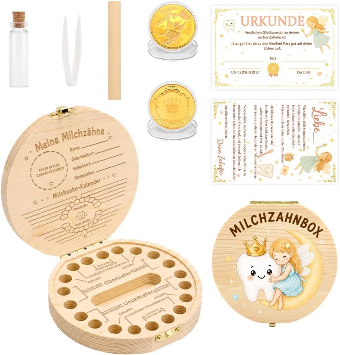 Melktandendoosje kinderen - Houten tandenfee set - Herinneringsdoos met beloningsmunt - Bewaar je jeugdherinneringen - ShopVlot