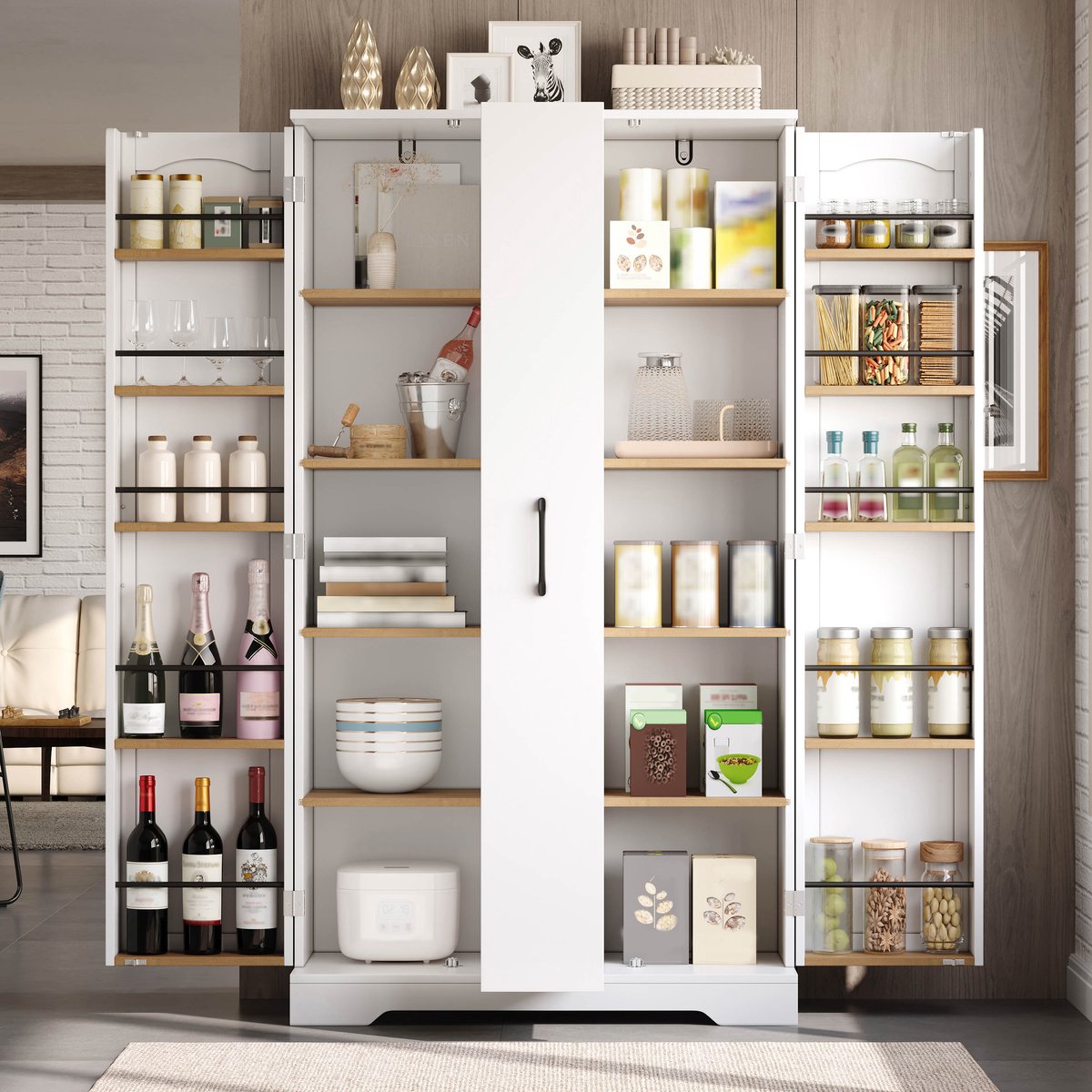DESMIU Keukenkast - Met Kruidenrek En 4-Laags Vertikale Uittrek - Voor Keuken En Eetkamer - MDF - Wit - 150x78x40 Cm