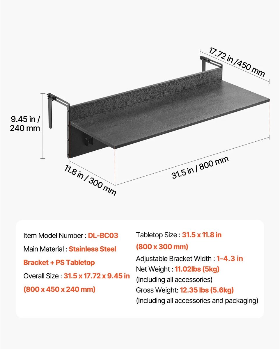 SucceBuy balkon hangende opklapbare tafel - balkon leuningtafel - inklapbaar en ruimtebesparend - stevig metalen frame - ideaal voor balkon, terras en patio - zwart