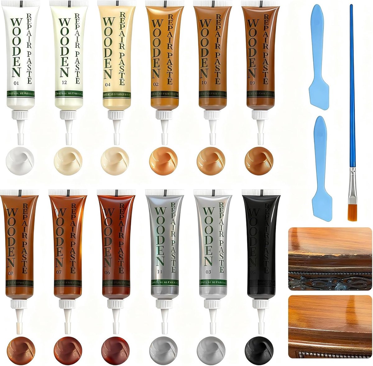 Houten meubel reparatieset 12 kleuren - watergedragen houtplamuur - ideaal voor krassen en verkleuring - ShopVlot