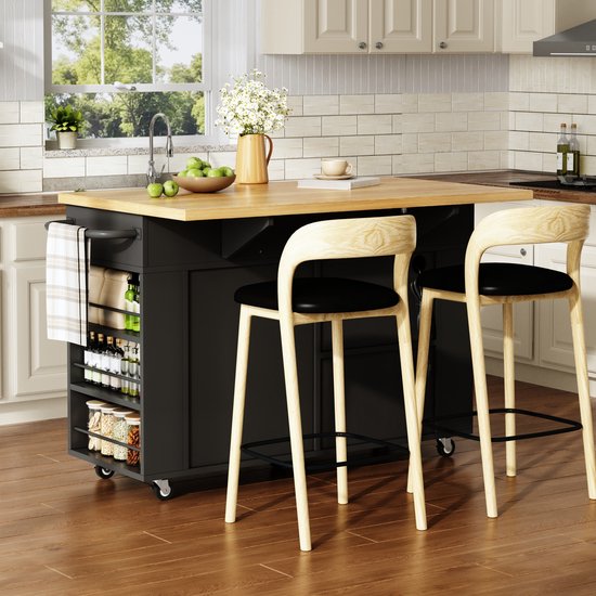 OKWISH Keukeneiland - Opklapbaar Werkblad en Stopcontacten - Verrijdbaar met 3 Laden en 2 Organizers - MDF Zwart Natuur - 120 x 45 tot 70 x 84 cm van okwish — afbeelding 4