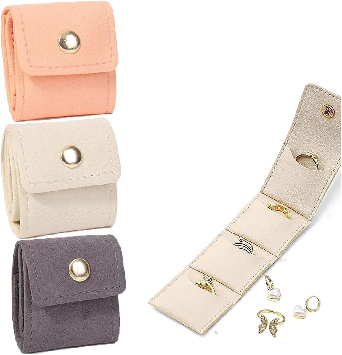 Set van 3 Mini Draagbare Sieraden Pouches en Organizers - Multifunctionele Vouwbare Reis Organizer voor Ringen, Oorbellen en Accessoires