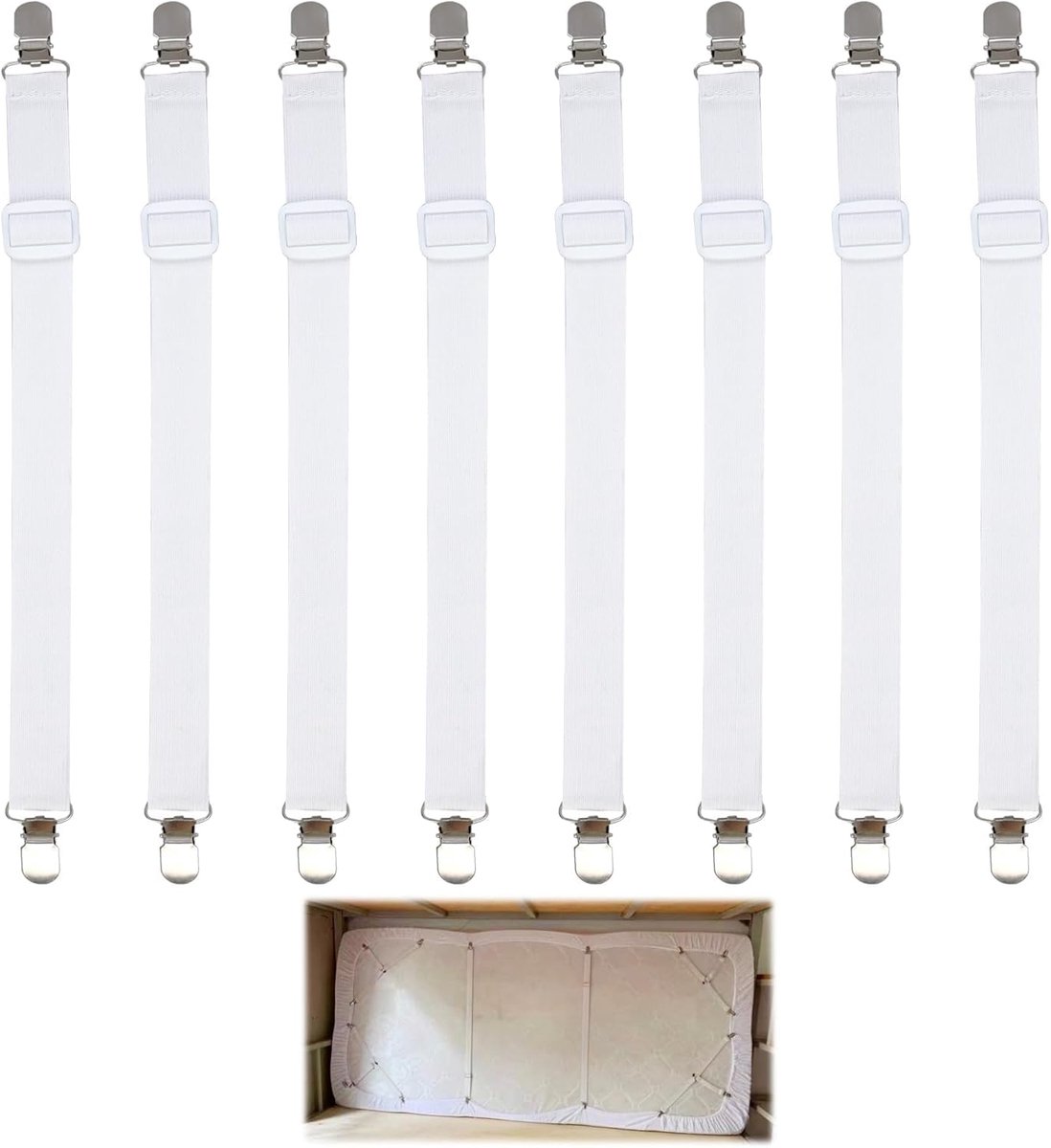 Fitted sheet tensioners 8 stuks - verstelbaar van 30cm tot 130cm - met metalen clips - ShopVlot