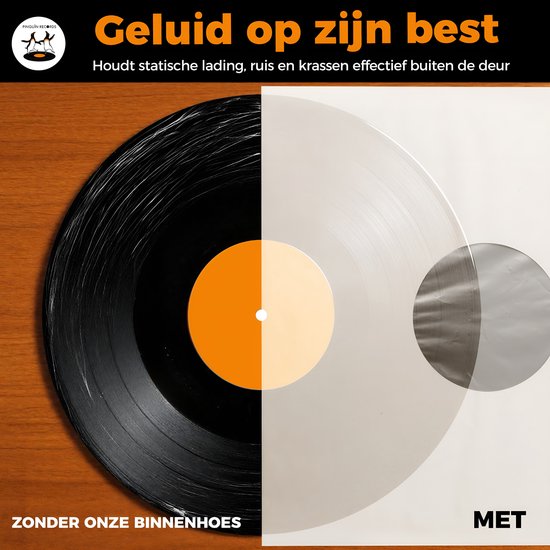 Vergelijking van zwarte LP zonder hoes (links) en met doorzichtige hoes (rechts).