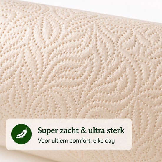 Rol keukenpapier met een zacht, beige patroon en tekst 'Super zacht & ultra sterk'.