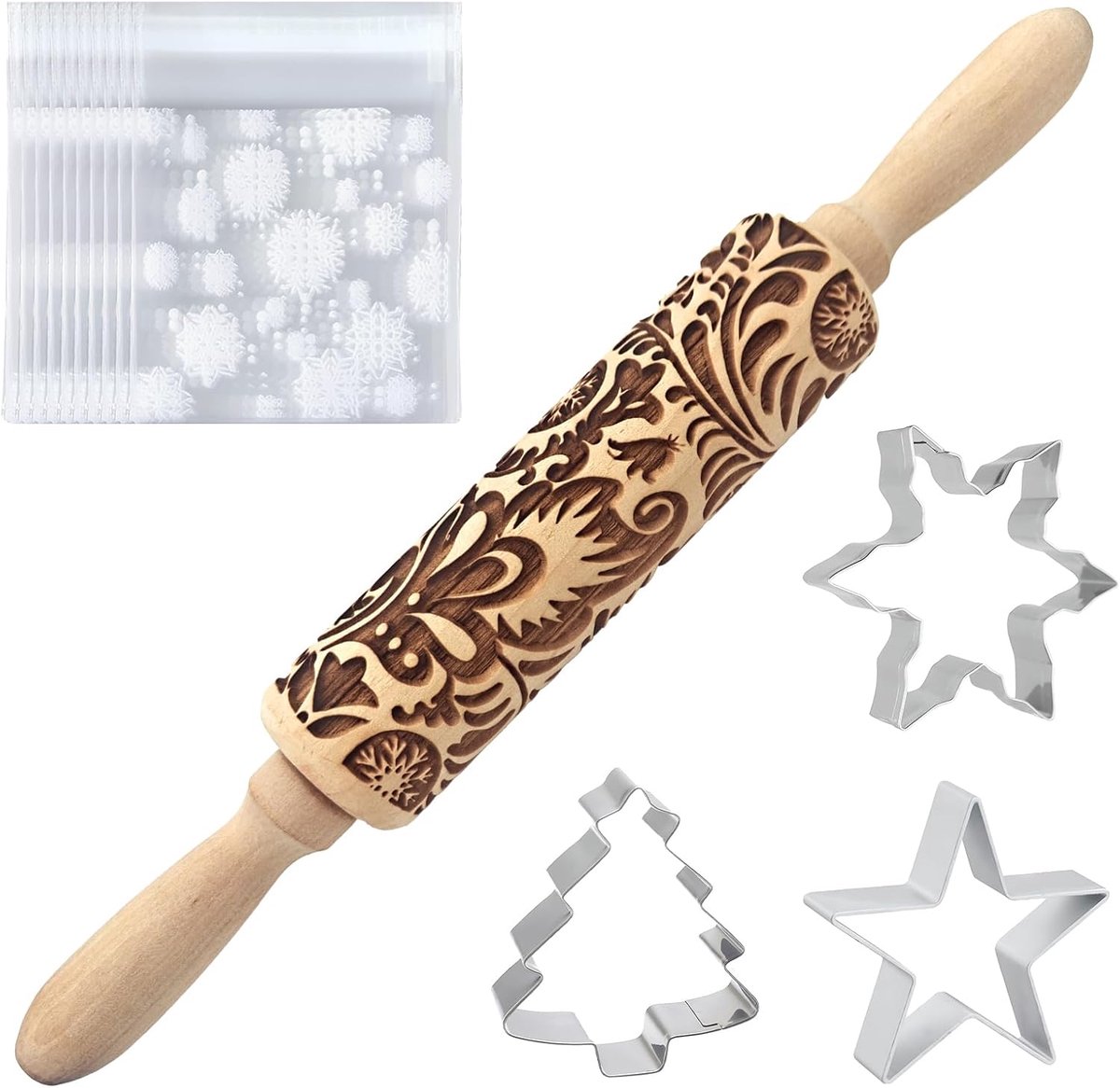 Deegroller met Kerstmotief - 3D Gegraveerd - Inclusief 3 Koekjesuitsteekvormpjes - Perfect voor Kerstkoekjes - ShopVlot