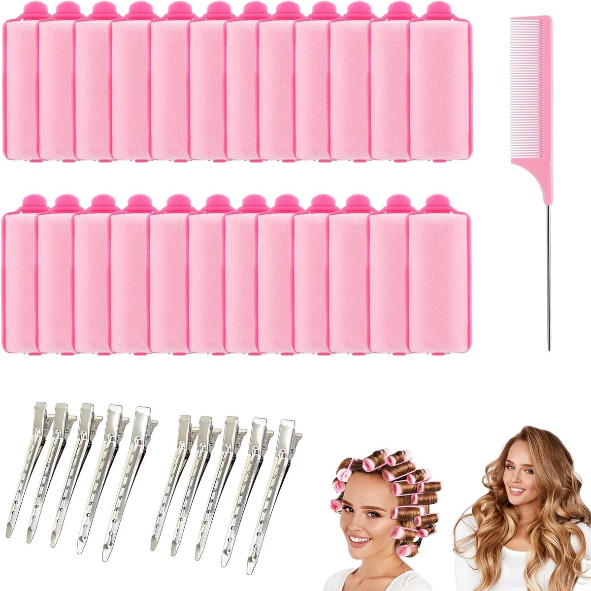 Schuimkrulspelden Set 24 Stuks - Roze - Warmteloos voor Zachte Krullen - Comfortabel Nachtstyling - ShopVlot