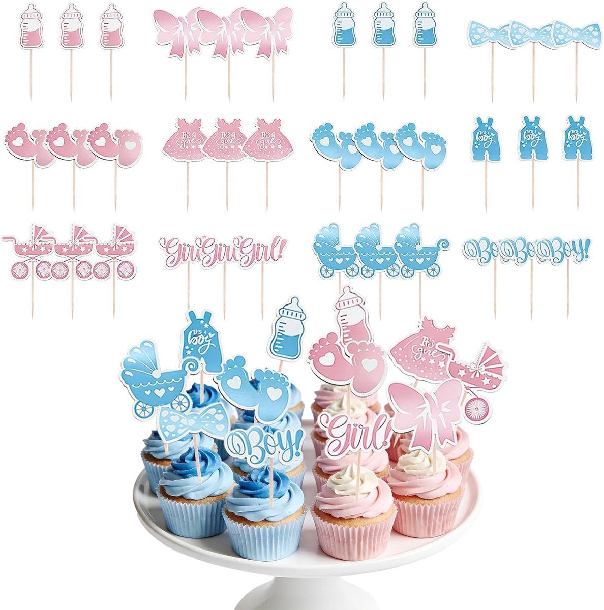 Cupcake toppers gender reveal - 36 stuks - glitters in roze en blauw - feestelijke versiering voor cupcakes - ShopVlot
